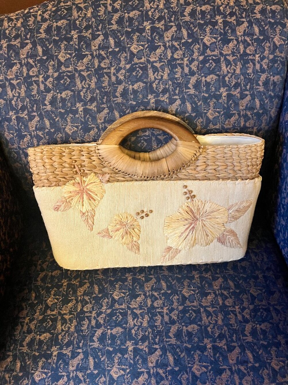 Tommy Bahama Floral Straw Tote Bag with Wood Handles